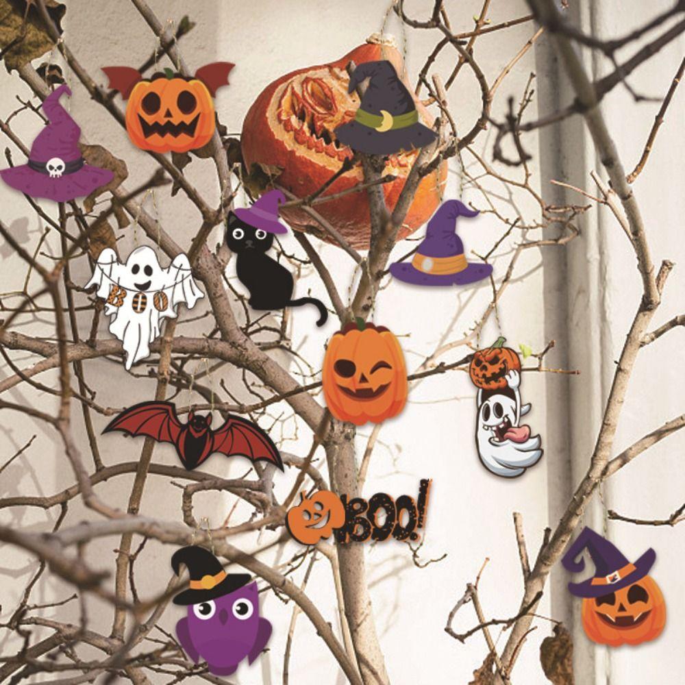 12pcs/set Decorative Pumpkin Hanging Tags Cartoon Halloween Paper Hanging Halloween Party
