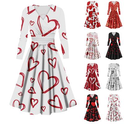 Женское модное повседневное платье с принтом ко Дню святого Валентина, длинными рукавами и V-образным вырезом, сексуальное платье