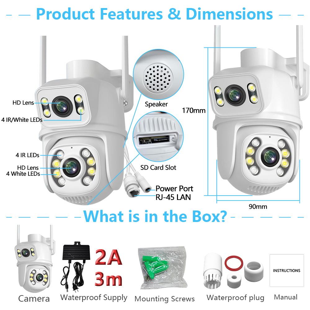 New EU 8MP 4K WIFI IP Camera PTZ Dual Lens with Dual Screen Ai Human Detect Night Vision Outdoor Wifi Surveillance Camera ICsee CCTV Video