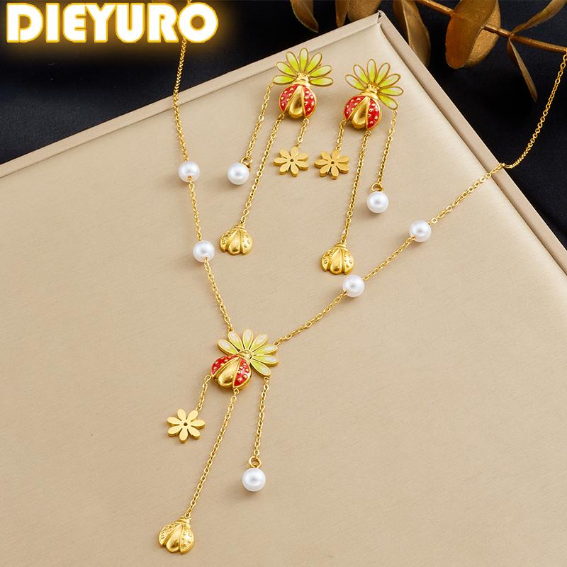 Stainless Steel Animal Ladybug Flower Pearl Fringe Necklace Earrings Set Lady New Trend Waterproof Jewelry Gift