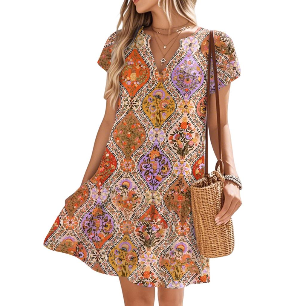Женские платья с коротким рукавом и V-образным вырезом с цветочным принтом Свободные повседневные пляжные платья в стиле темперамент