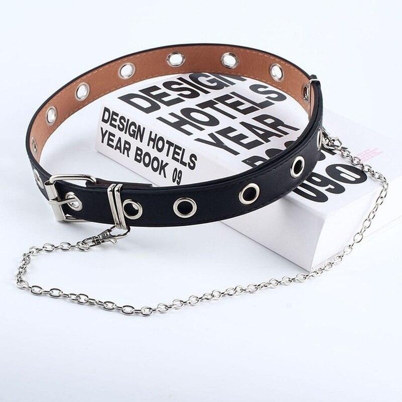 Women Punk Chain Fashion Belt Adjustable Double/Single Row Hole Eyelet Waistband with Eyelet Chain