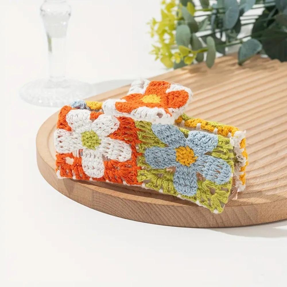Flower Embroidered Crochet Shark Clip Strawberry Bohemian Style Hair Claw Beach