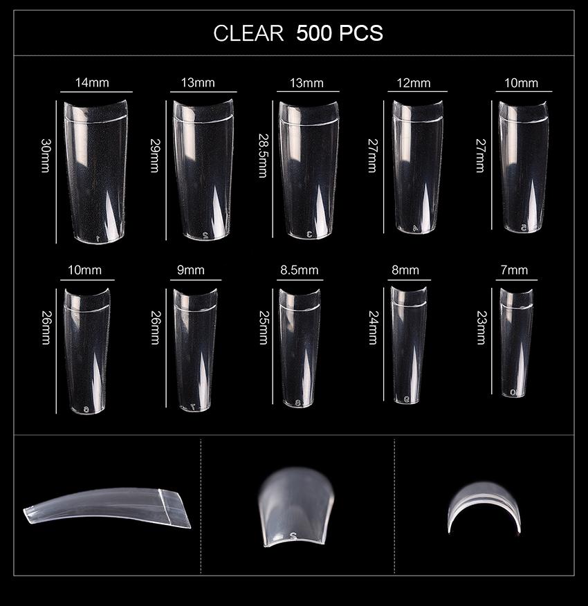 kads Типсы Полупокрытие Французские ногти Накладные ногти Замачиваемые накладные ногти Натуральные прозрачные акриловые ногти 500 шт. для наращивания ногтей 10 размеров