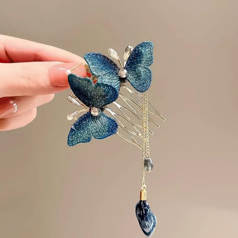Blue Butterfly Tassels Insert Comb Clip Vintage Elegant Women Girls Ponytail Hair Clip Flower Leaf Tassel Hairpin Styling Tools