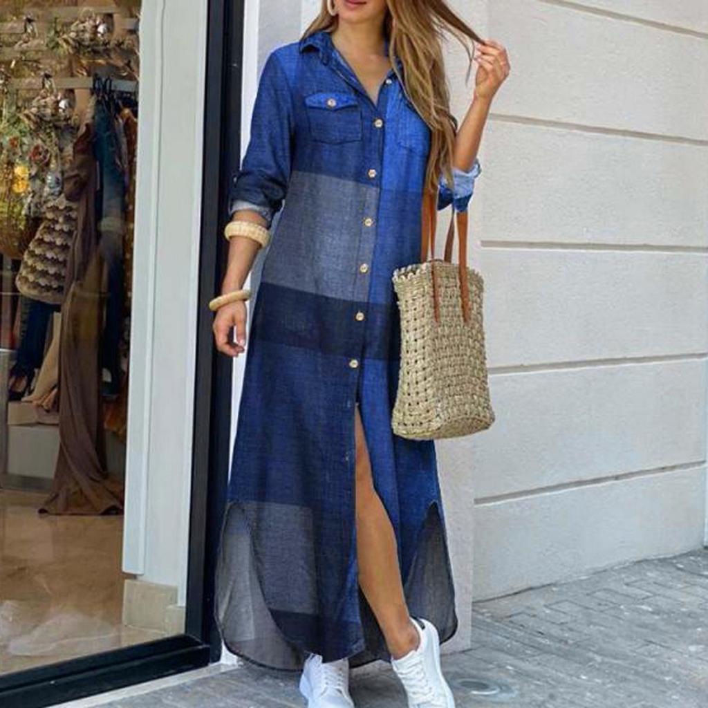 Модное женское повседневное свободное сексуальное платье с длинным рукавом и карманом на пуговицах