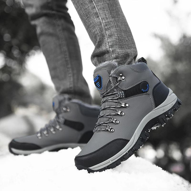Fashion 2024 Winter Men Hiking Boots Waterproof Ankle Snow Boots Men Sneakers Outdoor Non-slip High Top Plush Warm Leather Shoes