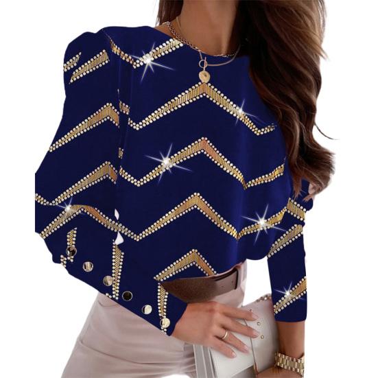 Блузка большого размера с застежкой, топы с круглым вырезом, длинными рукавами с принтом, пуговицы сзади, свободная посадка, офисная рубашка, повседневные топы