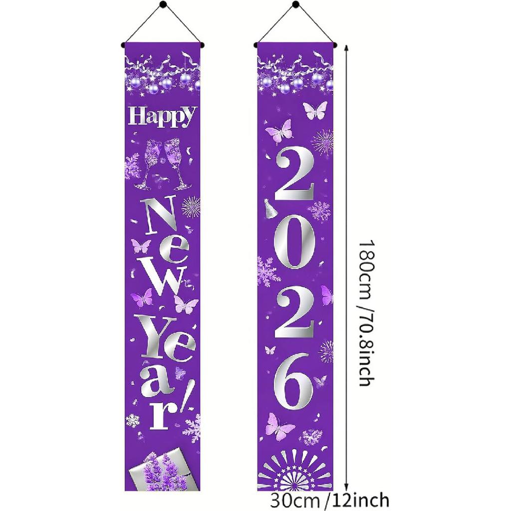Happy New Year 2026 Door Banner Decoration 71 x 12 Inch Vertical Hanging Porch Sign Purple Butterfly Party Supplies Festive Entryway Welcome Decor