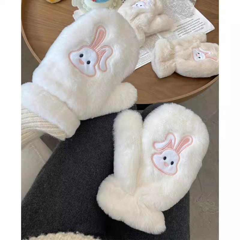 Winter Thickened All-Inclusive Cold-proof Gloves Female Cartoon Cute Rabbit Warm Finger Plush Student Ride