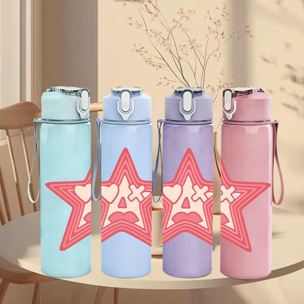1PC Pink Star Embroidery Design 750ml Color Plastic Sports Water Bottle Leakproof Flip Straw Lid Suitable for Sports Office Home Use