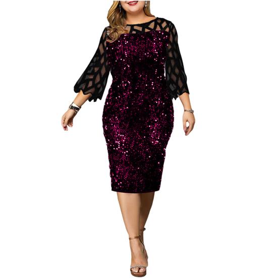 Платье бодикон с круглым вырезом 45720, рукавами, облегающее талию и бедра, с запахом на бедрах, пайетками и прозрачной сеткой