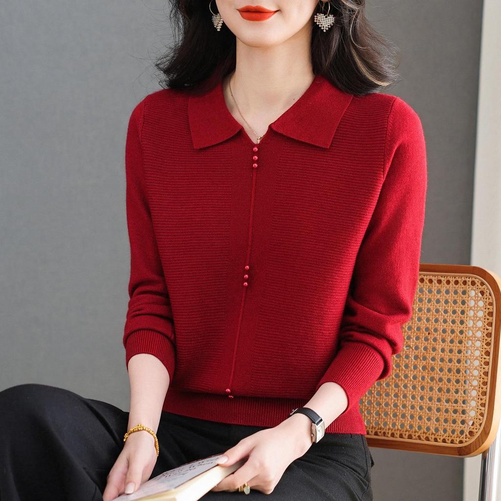 Модная однотонная женская вязаная рубашка-поло с длинным рукавом 2025