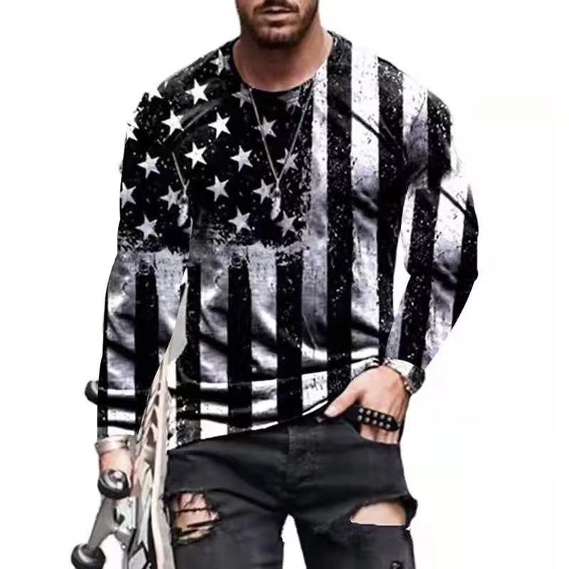 American Flag Print Long-Sleeved Men's T-shirt Spring Autumn Loose Tops Casual Fashion All-Match O-Neck Men Clothing 5XL EU Size