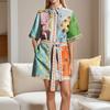 Весна Новая Женская Мода Принтованное Темпераментное Платье с Лацканами и Поясом с Короткими Рукавами