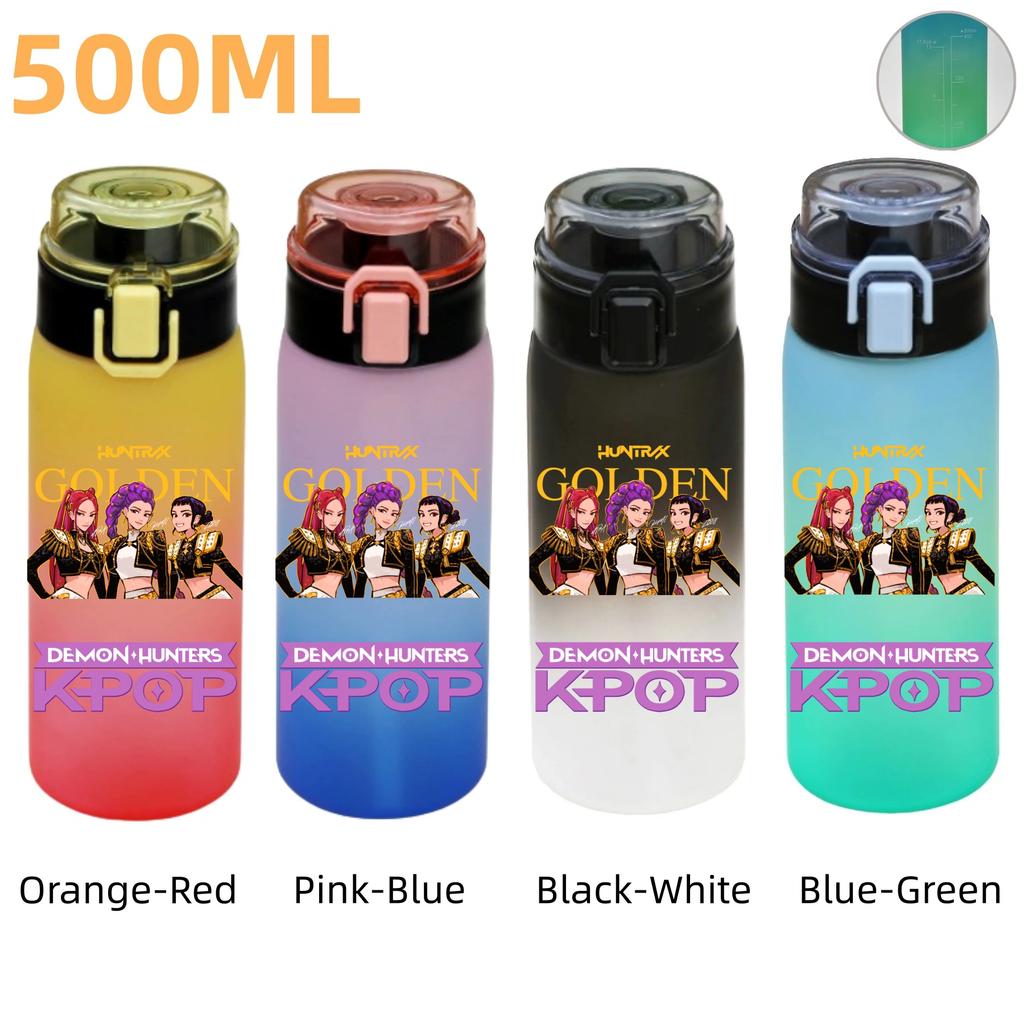 500ML KPop Demon Hunters Plastic Anime Water Cup Has Scale Travel Office Gym Hiking Portable Drink Bottles Outdoor Sport Gifts
