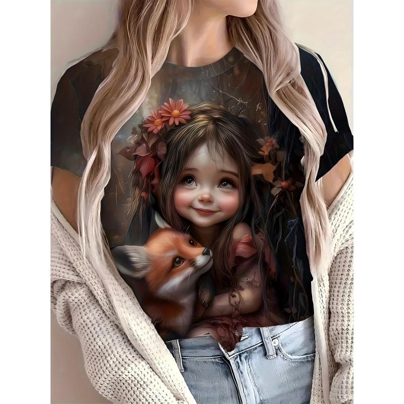 Casual Loose Fit Round Neck Short Sleeve T-Shirt With 3D Dog Print Women Men 2025