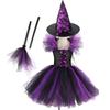 European & American Girls' Halloween Witch Costume Set with Tutu, Hat, and Broom