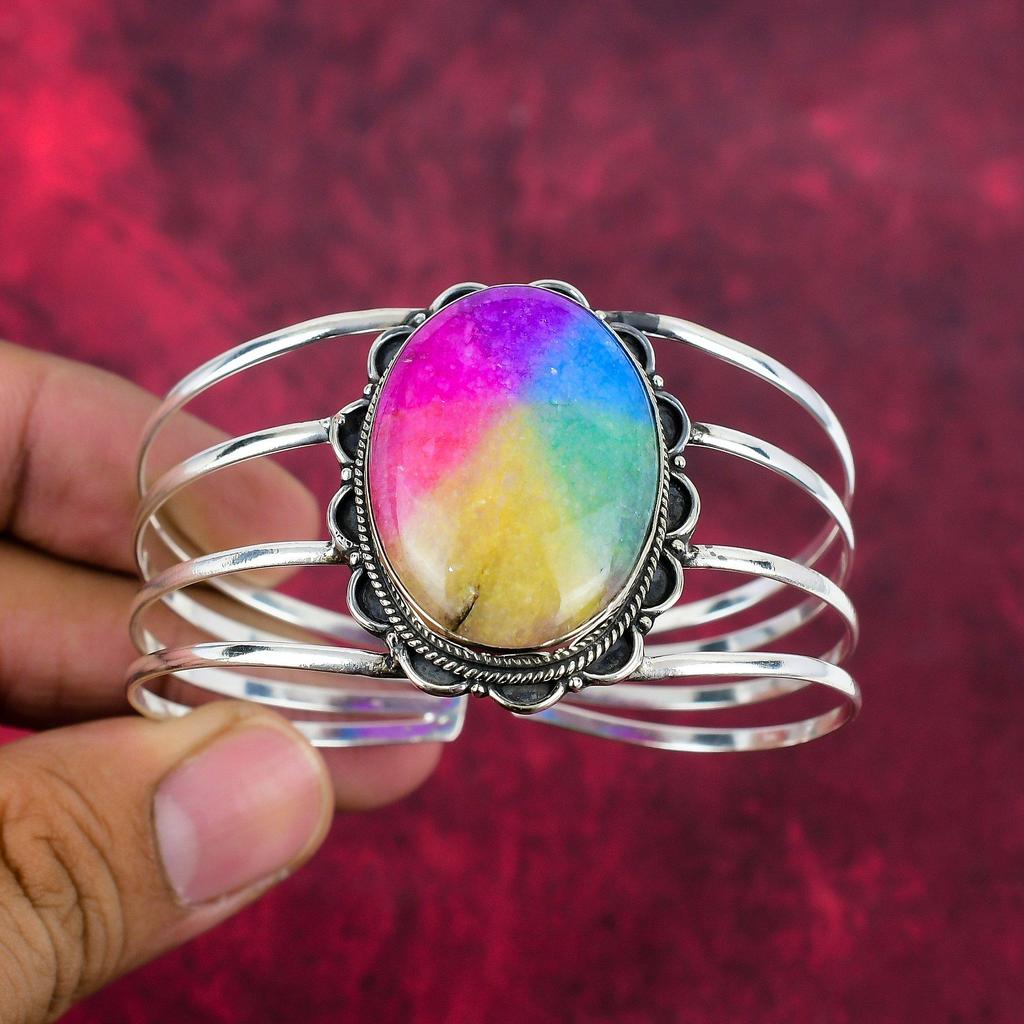 Радужный солнечный кварцевый браслет, 925 пробы сплошной браслет из стерлингового серебра с драгоценными камнями, браслет ручной работы для свадебного подарка