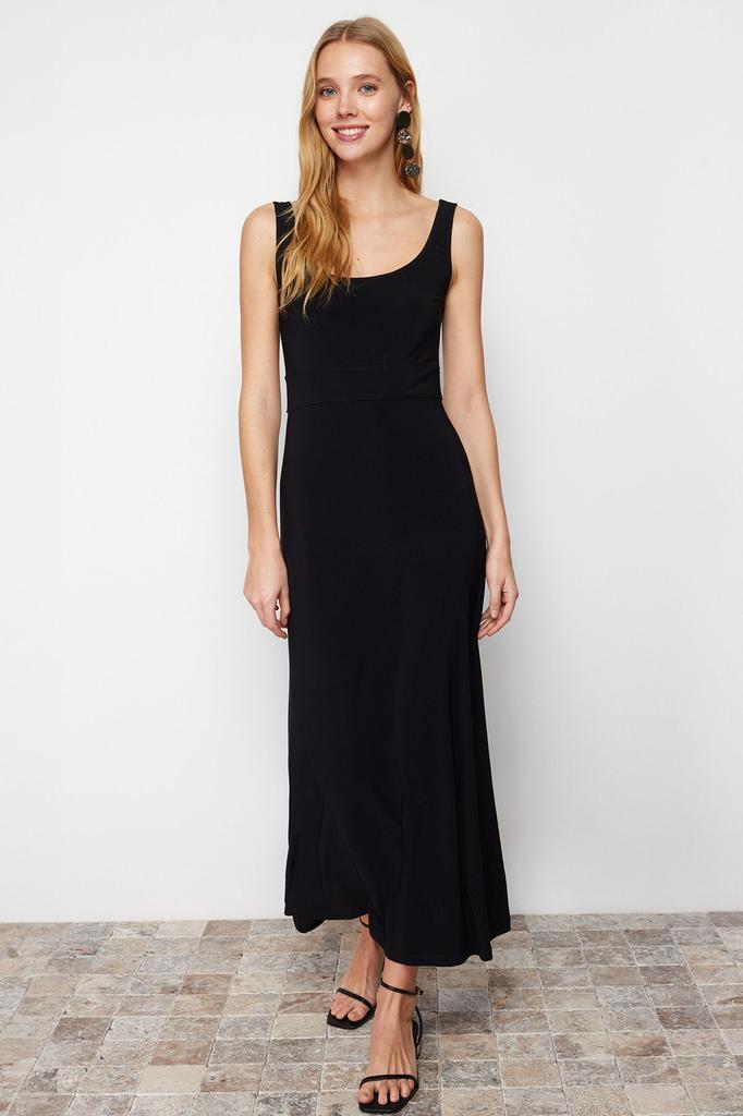 Women's Style Dress Black Straight Strap Skater Flexible Knitted Dress with Waist Opening