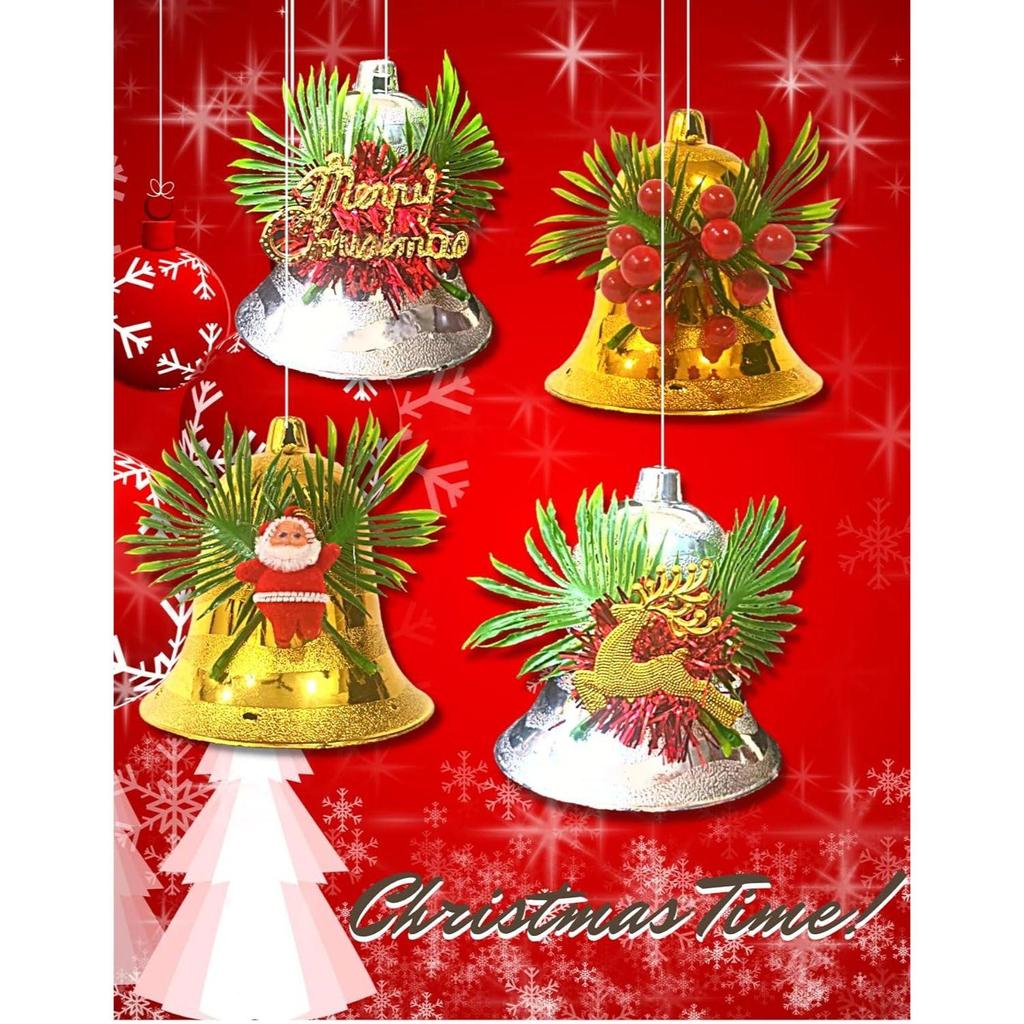 (Set of 4 Big Size) Christmas Decoration Golden Silver Bells Combo Merry Christmas Decorative Items for Xmas Santa Hanging Bells
