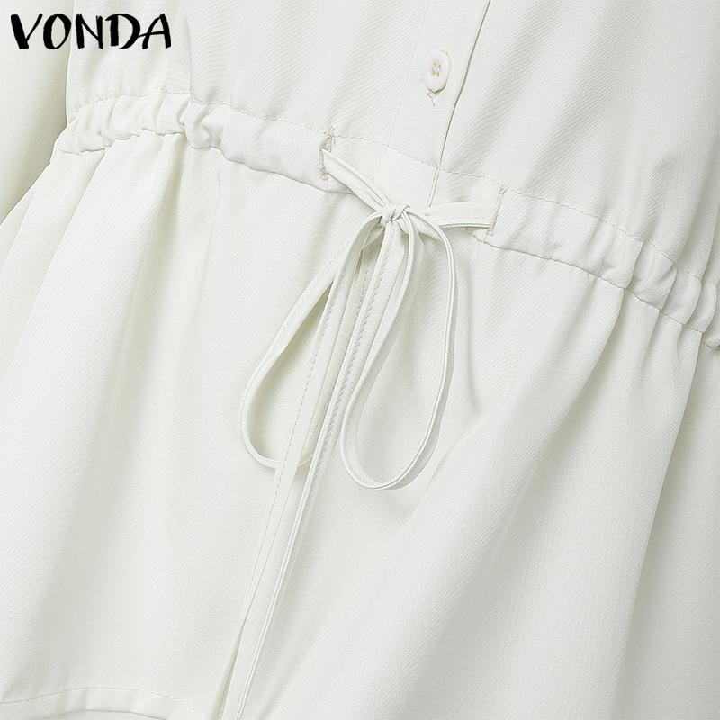 VONDA Женские повседневные блузки-рубашки с воротником-стойкой, однотонные, с длинным рукавом, с кулиской на талии