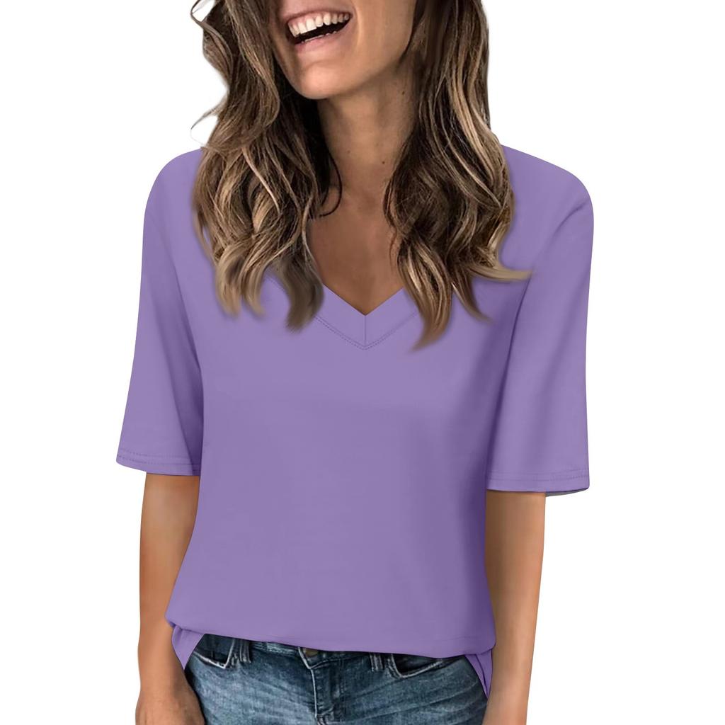 Women's Solid-color V Neck T Shirts Half Sleeve Tops Printed Casual Summer Tees T Shirt Blouse