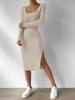 Women's Knitted Dress Square Neck Long Sleeves Hem Slit Brushed Dress