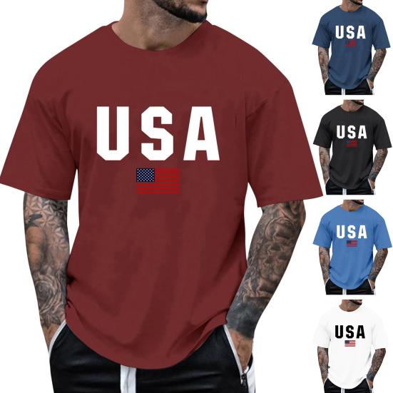 Men T-shirt Round Neck Short Sleeve Slim Fit Tee Shirt USA Pattern Versatile Tee Tops Running Fitness Tops Daily Wear