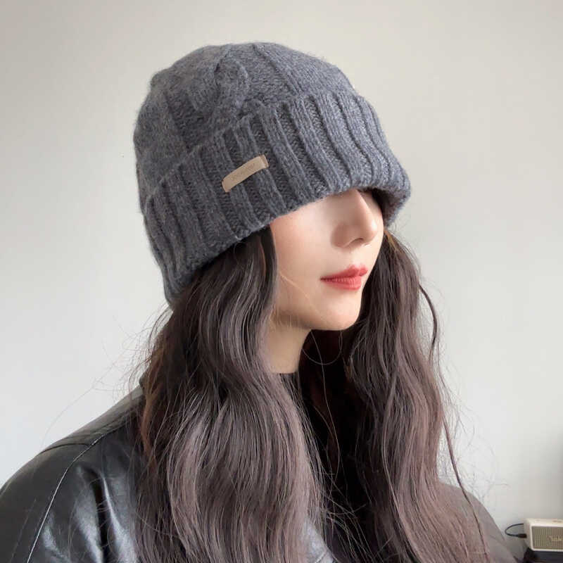 100% чистая шерсть вязаная шапка женская осенне-зимняя универсальная большая окружность головы защита от холода защита ушей теплая шерстяная шапка
