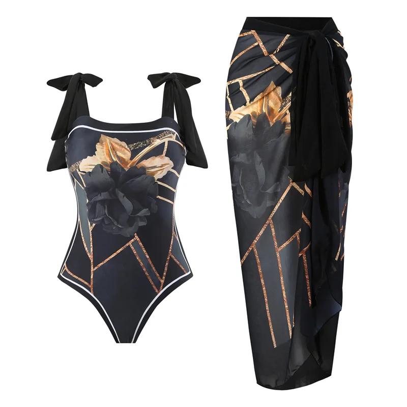 2024 Двусторонний цельный купальник с завязками на плечах в стиле бароко с принтом и юбка, комплект женской пляжной одежды, роскошный купальный костюм