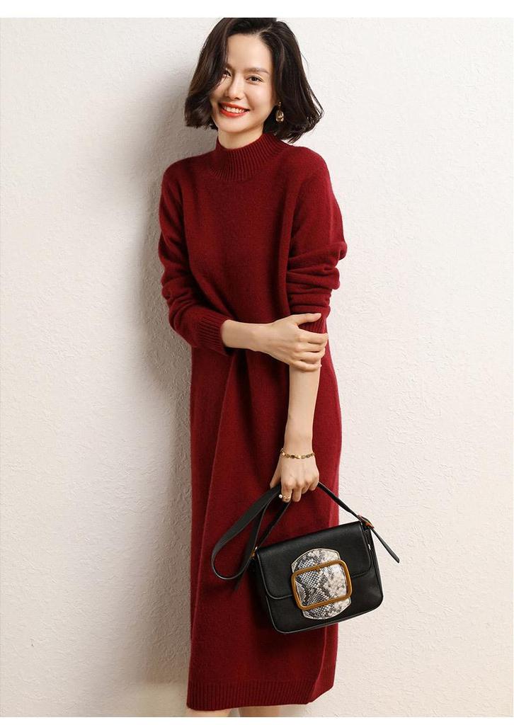 Fall/Winter Cashmere Over-the-Knee Long Skirt Dress with Half-High Collar – Loose, Casual Knit Style