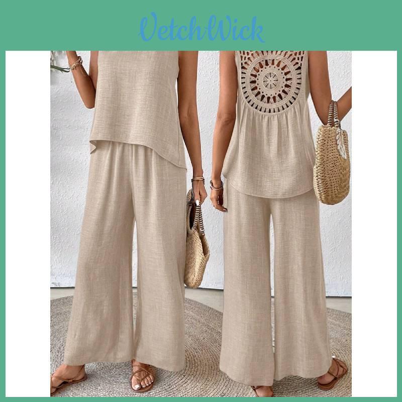 Bohemian Style Sleeveless Top And Wide Leg Pants Set With Polyester Fabric For Casual Summer Wear