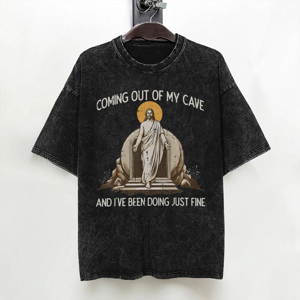 Jesus Coming Out Of My Cave Washed T Shirt Streetwear Hip Hop Casual Tshirt  Tee Shirt Men Women 100 Cotton Oversize Summer