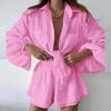 Women's 2 Piece Spring Set Loose Long Sleeve Button Down Blouse + Shorts Tracksuit Casual Comfortable Style