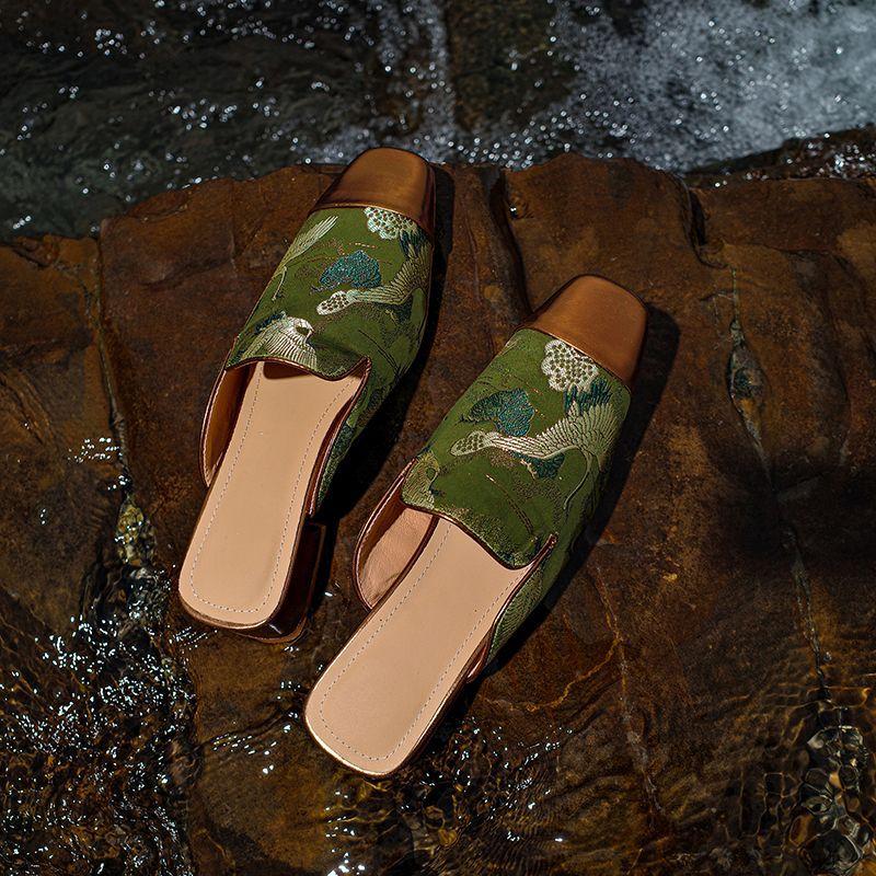 New Chinese Style Embroidered Bag Head Half Slippers Women's Summer Wear French Temperament Satin Muller Cool Slippers with Skirt