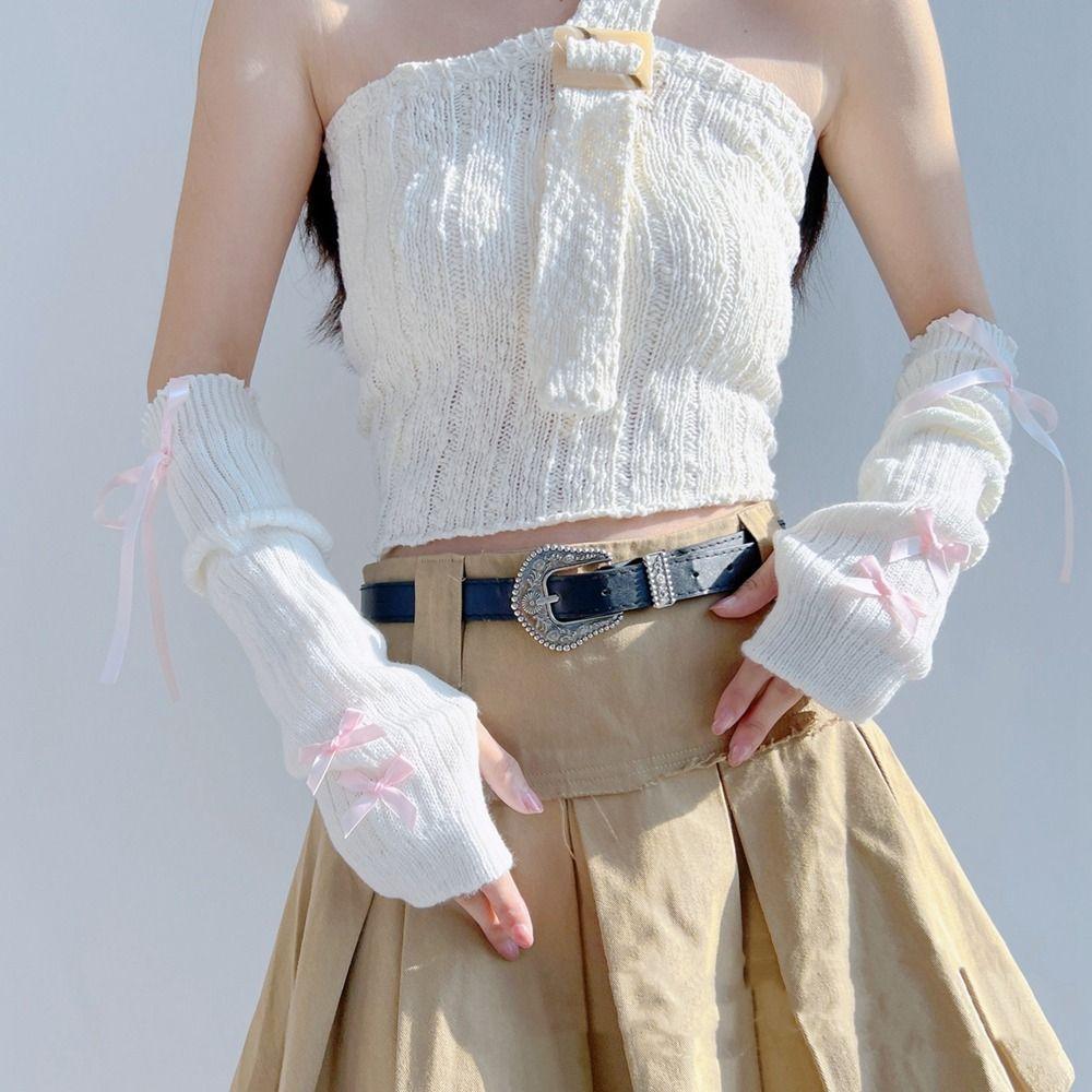 Бантик Y2K Теплые рукава Эластичные перчатки без пальцев Вязаные гетры с бантом в балетном стиле Лолита