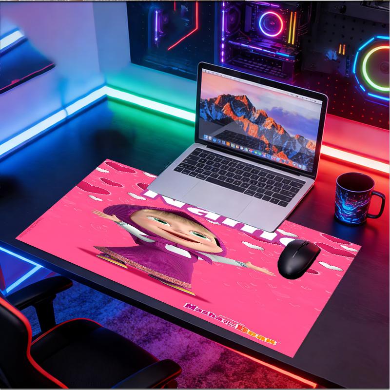 Custom Name Personalized Masha and The Bear Pattern Mousepad, Laptop PC Desk Mat, Decorative Desk Mat for Home Keyboard Pad Gift