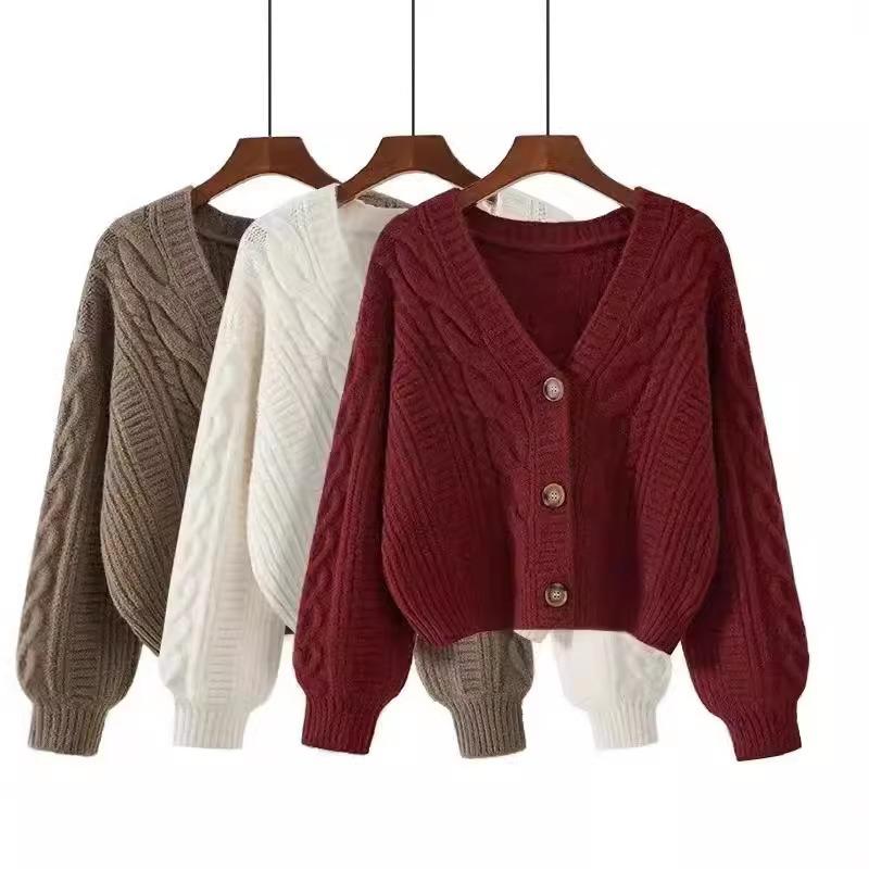 Gentle Wear V-neck Twist Sweater Women's Autumn and Winter Wear Small Lazy Wind Knitted Cardigan Short Coat Top