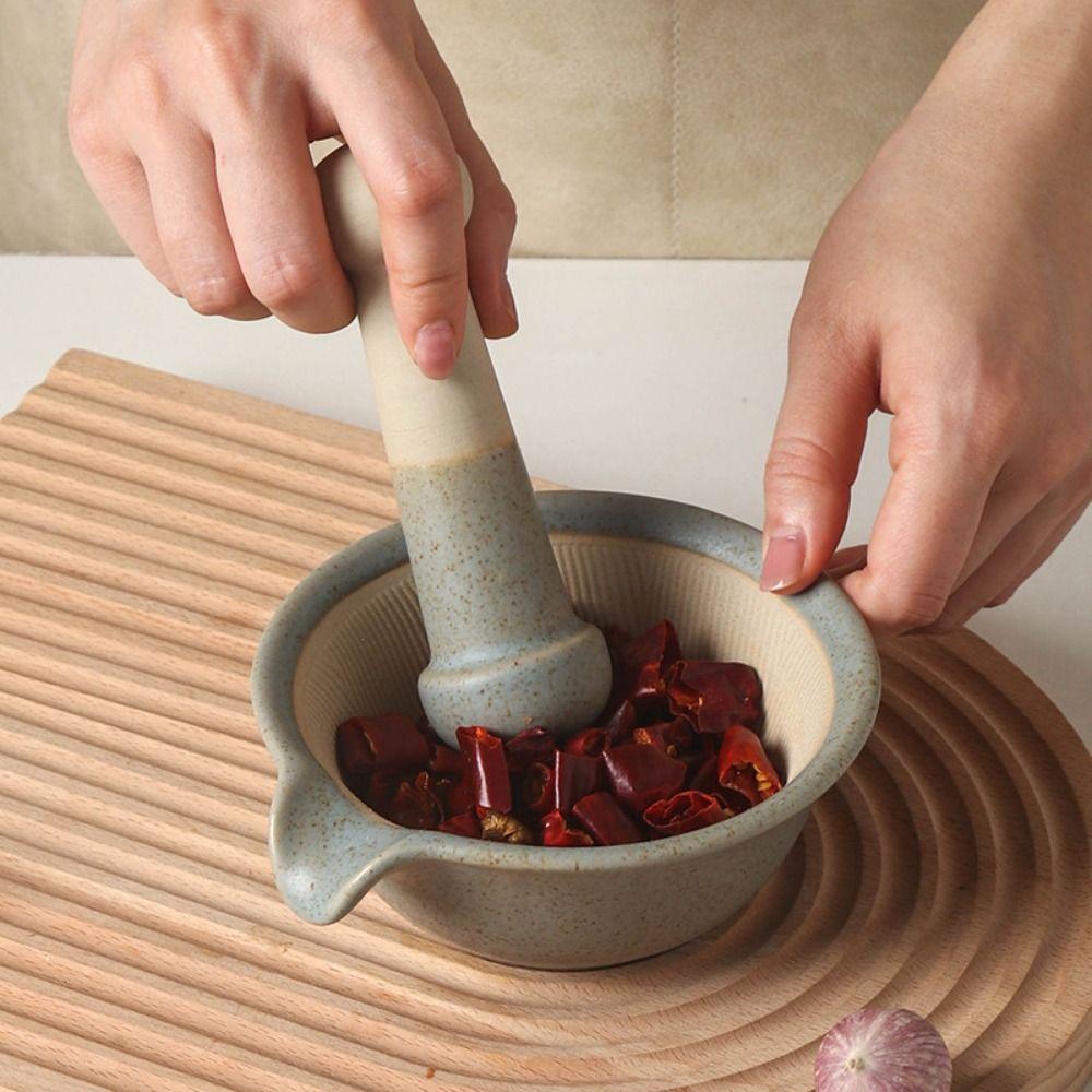 Ceramic Grinding Bowl Rod Set Durable Garlic Mortar Pestle Rice Paste Bowl Pedestal Bowl