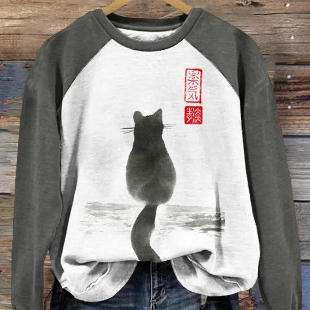 Cartoon Cat Round Neck Sweater Printed Women's Autumn Raglan Sleeve Cartoon Casual Round Neck Sweater Casual Pullover Top