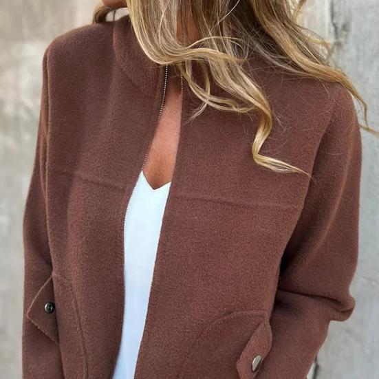 Женская куртка со стойкой, длинными рукавами, шерстяное пальто с карманами, однотонное, теплое, легкое, для повседневной носки