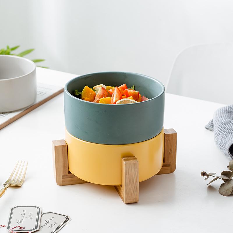 Ceramic Salad & Noodle Bowl Set with Wooden Stand - Black