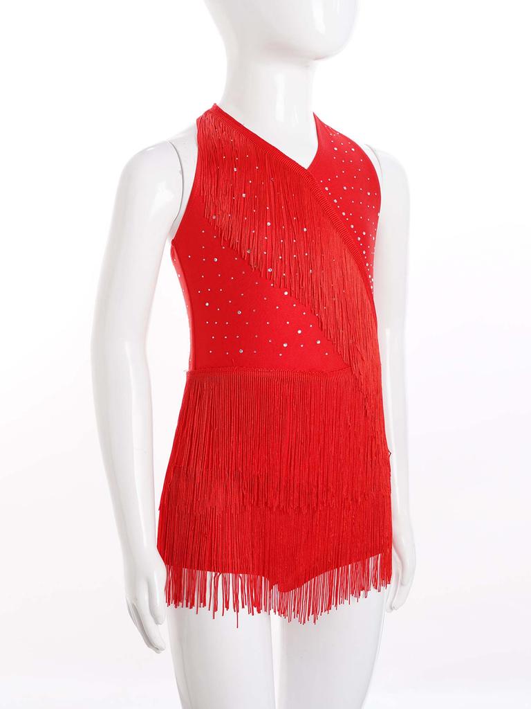 Girls Latin Dance Costume Glittery Rhinestones Fringe Leotard Halter Neck Sleeveless Strappy Back Tassel Jumpsuit