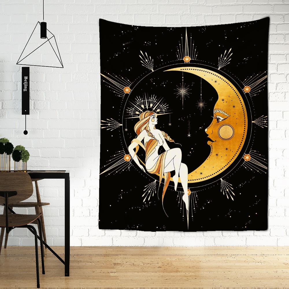 Психоделический гобелен с луной и звездой, настенный гобелен, магия, научная фантастика, богемный хиппи, Таро, искусство, общежитие для девочек, домашний декор