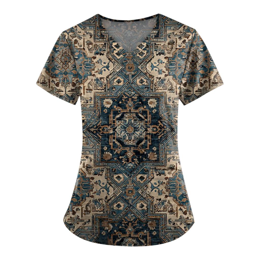 Plus Size Printed Scrub Working Uniform Tops For Women's V-Neck Print Short Sleeve Fun T-Shirts Workwear Tee With Pockets