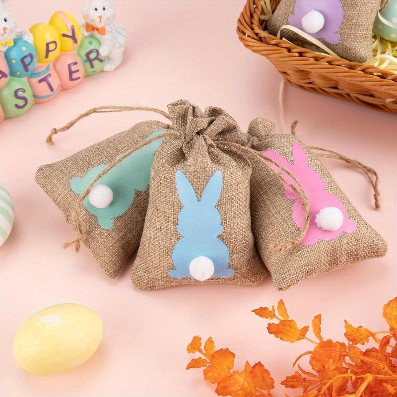 18pcs Bunny Durable Burlap Gift Bags Gift Wrap Drawstring for Easter Candy with Twine Present Pouches Easter Party Favors