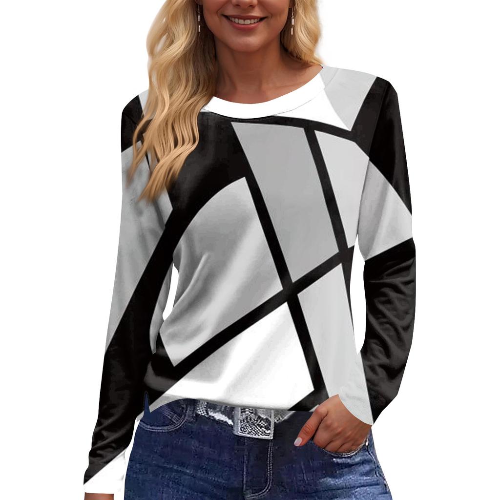 Women's Fashion Casual Slit Hem Round Neck Long Sleeve Loose Printed T-Shirt Ladies Top