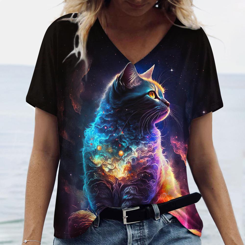 Women's V-Neck Short Sleeve T-Shirts Animals Printed Summer Clothing Cute Cartoon Cat Woman Tshirts Streetwear Tops