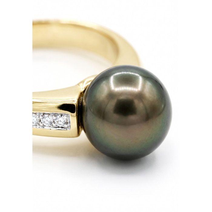 Bague - Pearls & Colors - Perle de Culture Tahiti 8-9 mm - Or Jaune 375/1000 - Diamants - Femme